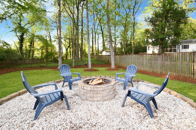 view of patio / terrace featuring an outdoor fire pit and a fenced backyard