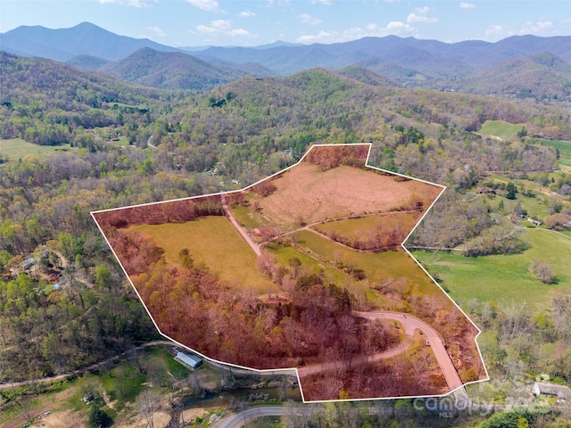 drone / aerial view featuring a view of trees and a mountain view