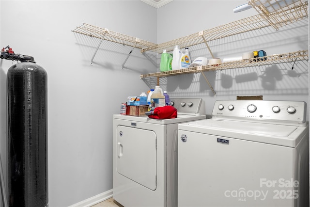 clothes washing area featuring washing machine and dryer, baseboards, crown molding, and laundry area