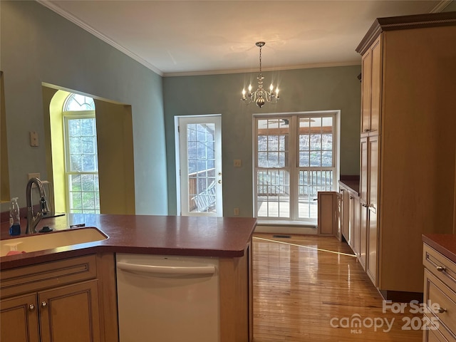 kitchen with a sink, dark countertops, dishwasher, and a healthy amount of sunlight