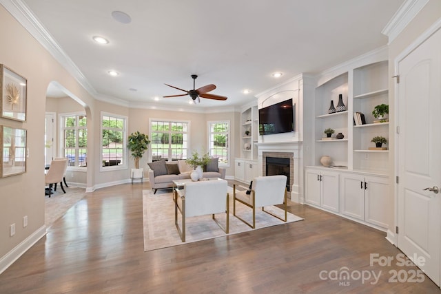 133 Crooked Branch Way, Troutman, NC 28166 - living area with baseboards, recessed lighting, wood finished floors, and a fireplace