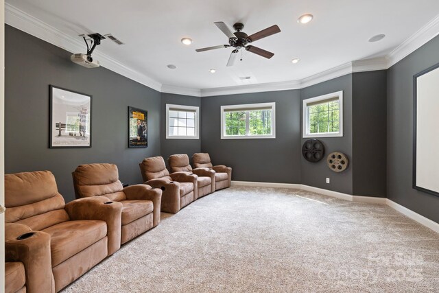 133 Crooked Branch Way, Troutman, NC 28166 - carpeted cinema room featuring recessed lighting, ceiling fan, crown molding, visible vents, and baseboards