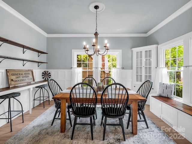 201 W 6th St, Rutherfordton, NC 28139 - dining area with healthy amount of natural light, a chandelier, ornamental molding, a wainscoted wall, and a decorative wall