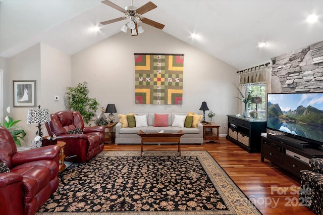 living area featuring recessed lighting, a ceiling fan, wood finished floors, and vaulted ceiling