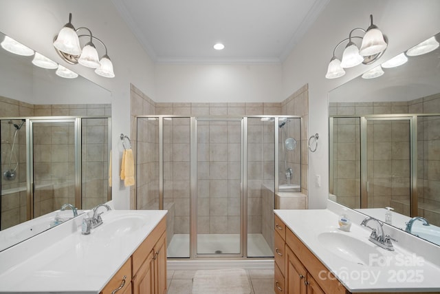 591 Emerald Isle Ct, Lexington, NC 27292 - full bathroom featuring a shower stall, a sink, and ornamental molding
