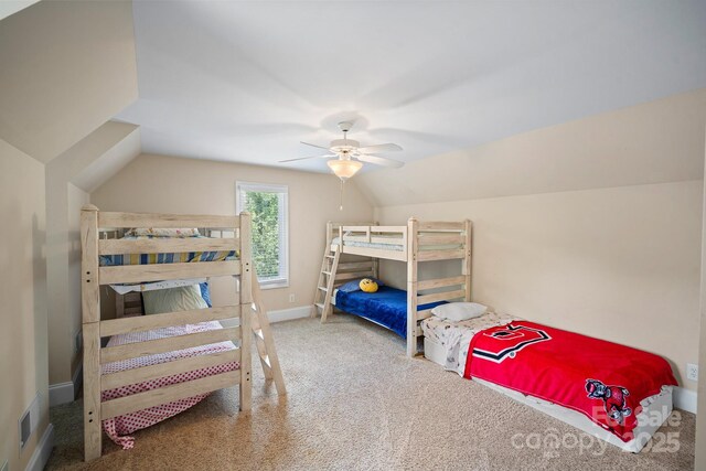 591 Emerald Isle Ct, Lexington, NC 27292 - bedroom with carpet, baseboards, a ceiling fan, and lofted ceiling