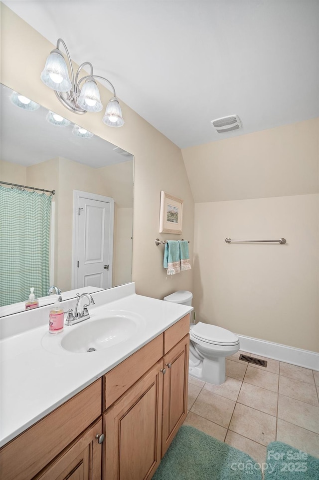 591 Emerald Isle Ct, Lexington, NC 27292 - full bath featuring visible vents, toilet, vanity, tile patterned floors, and lofted ceiling