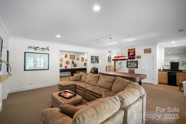 591 Emerald Isle Ct, Lexington, NC 27292 - living room featuring recessed lighting, light colored carpet, and ornamental molding