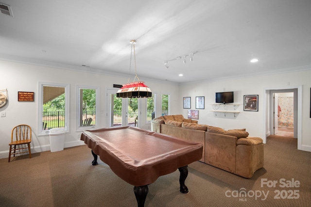 591 Emerald Isle Ct, Lexington, NC 27292 - playroom featuring ornamental molding, recessed lighting, carpet flooring, baseboards, and billiards