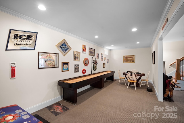 591 Emerald Isle Ct, Lexington, NC 27292 - game room featuring carpet flooring, baseboards, ornamental molding, and recessed lighting