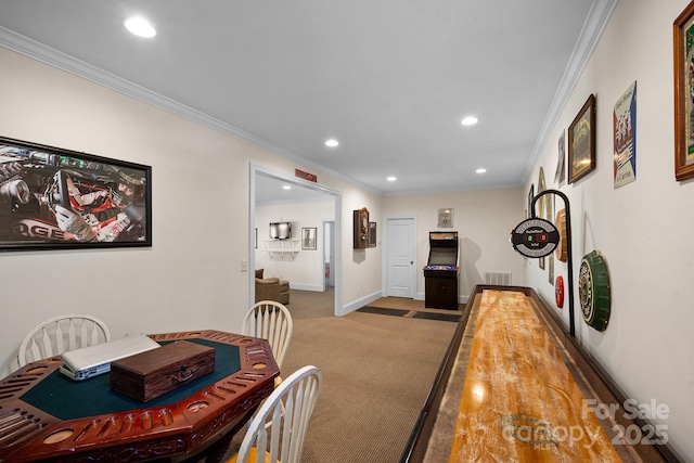 591 Emerald Isle Ct, Lexington, NC 27292 - dining space featuring recessed lighting, visible vents, crown molding, and carpet floors