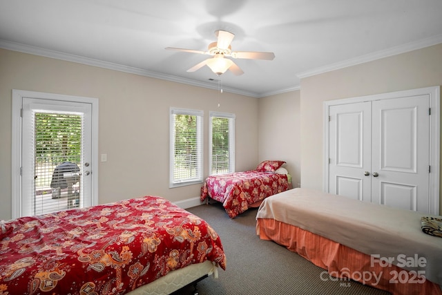 591 Emerald Isle Ct, Lexington, NC 27292 - bedroom with baseboards, a ceiling fan, crown molding, access to exterior, and carpet flooring
