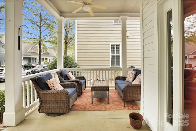 view of patio featuring visible vents, a ceiling fan, and an outdoor hangout area