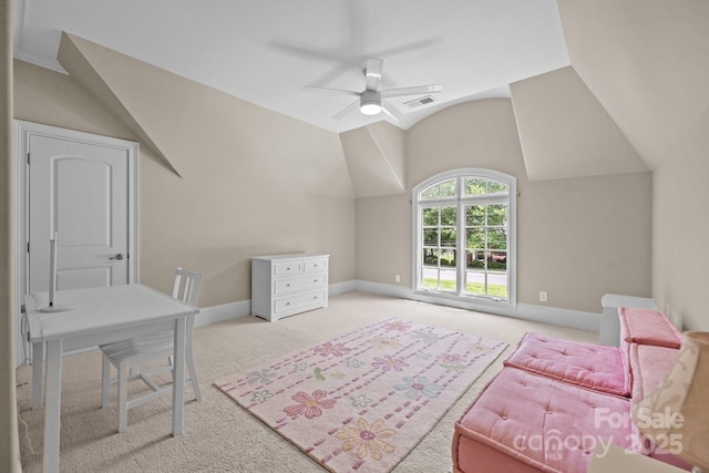914 Elizabeth Ln, Matthews, NC 28105 - interior space with carpet floors, vaulted ceiling, a ceiling fan, and baseboards