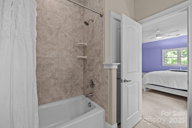 914 Elizabeth Ln, Matthews, NC 28105 - bathroom featuring shower / tub combo with curtain, a ceiling fan, and connected bathroom