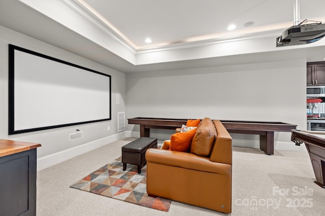 914 Elizabeth Ln, Matthews, NC 28105 - cinema featuring light carpet, pool table, baseboards, ornamental molding, and recessed lighting