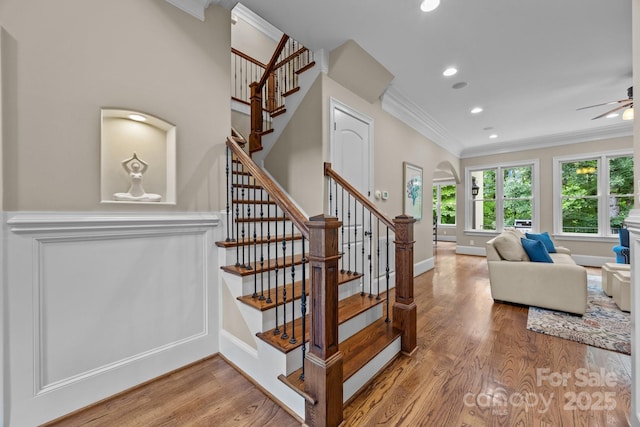 914 Elizabeth Ln, Matthews, NC 28105 - staircase featuring crown molding, wood finished floors, recessed lighting, a ceiling fan, and baseboards