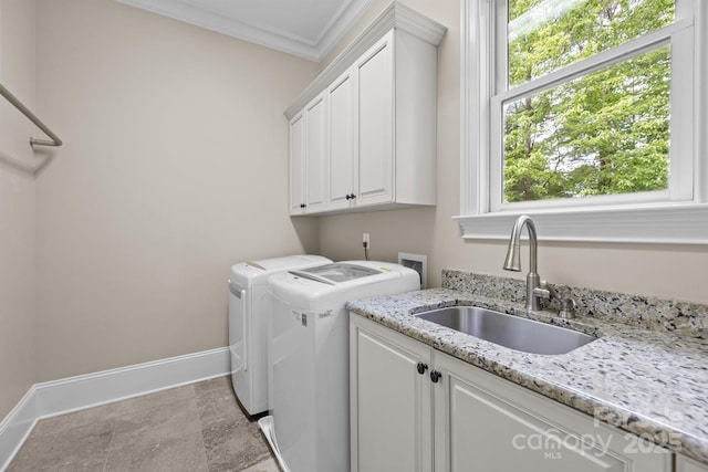 914 Elizabeth Ln, Matthews, NC 28105 - laundry room featuring cabinet space, washer and dryer, ornamental molding, and baseboards