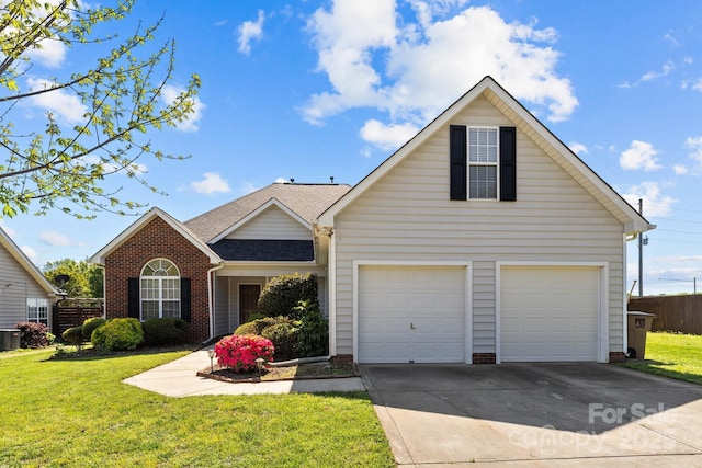 view of front of house with a front yard, central air condition unit, brick siding, driveway, and roof with shingles