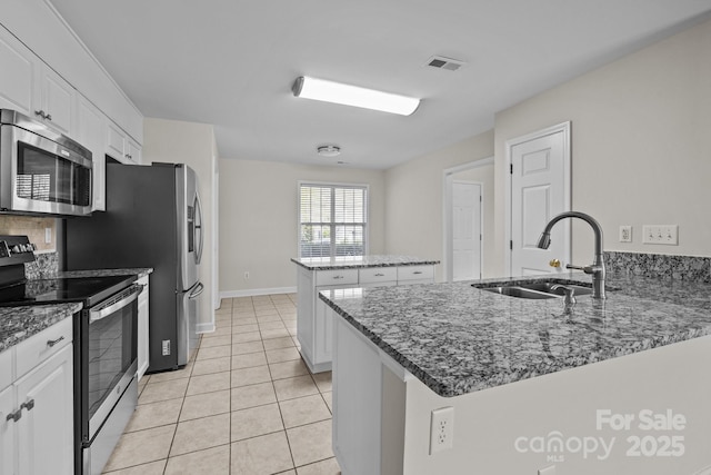 kitchen with stainless steel appliances, a peninsula, white cabinetry, and a sink