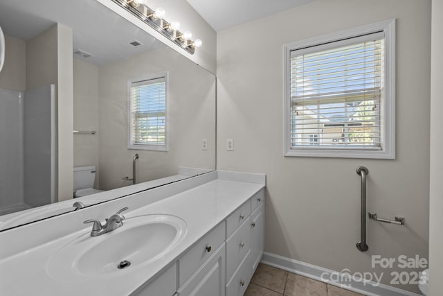 bathroom featuring vanity, baseboards, tile patterned floors, toilet, and visible vents