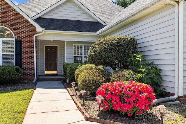 doorway to property featuring brick siding and a shingled roof