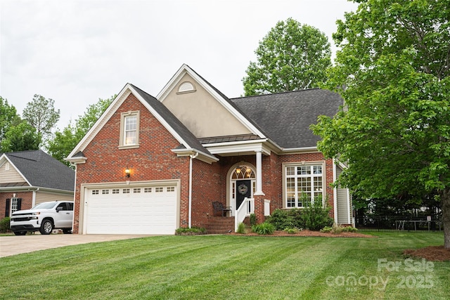 traditional-style house featuring concrete driveway, a front lawn, an attached garage, brick siding, and a standing seam roof