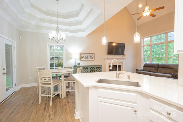 kitchen with a wealth of natural light, a sink, light countertops, and light wood-type flooring