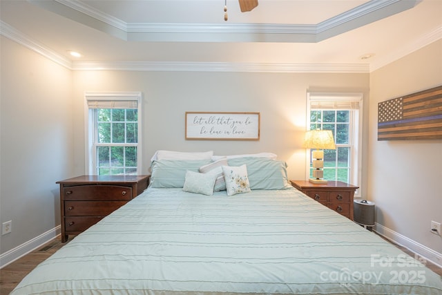 bedroom with multiple windows, baseboards, a tray ceiling, and dark wood finished floors