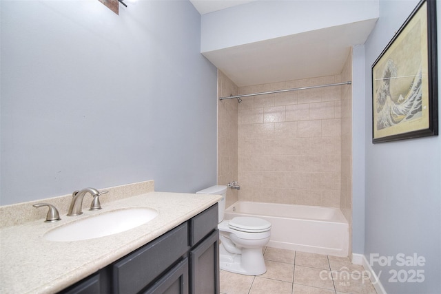 full bathroom featuring tile patterned floors, vanity, shower / washtub combination, baseboards, and toilet