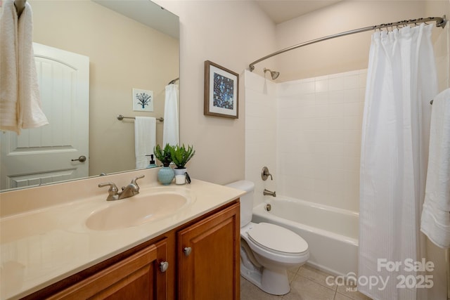 bathroom featuring tile patterned flooring, shower / bath combination with curtain, toilet, and vanity
