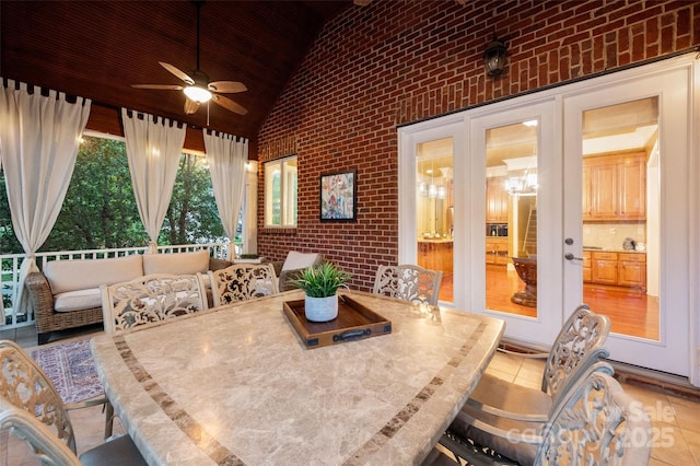view of patio featuring an outdoor bar, ceiling fan, french doors, and an outdoor hangout area