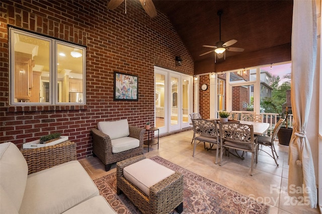 view of patio / terrace with french doors, outdoor lounge area, a ceiling fan, and outdoor dining area