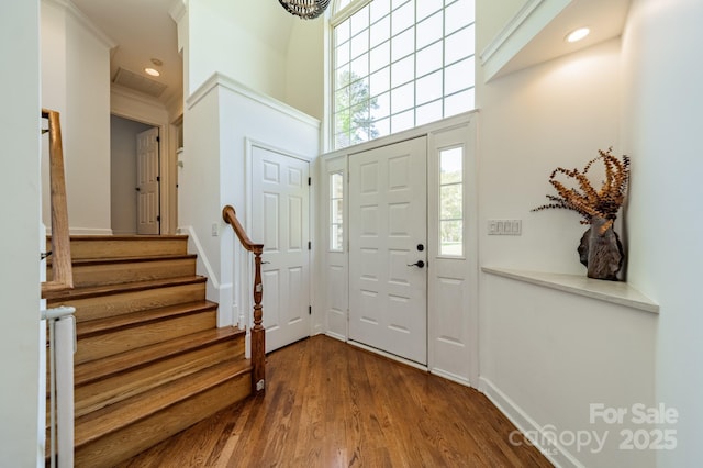 108 Tall Oak Dr, Mooresville, NC 28117 - foyer featuring baseboards, recessed lighting, stairs, and dark wood-style floors