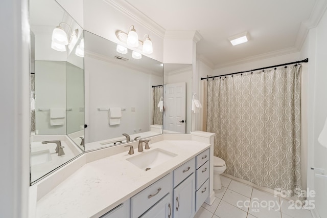 108 Tall Oak Dr, Mooresville, NC 28117 - bathroom featuring visible vents, toilet, crown molding, vanity, and tile patterned flooring