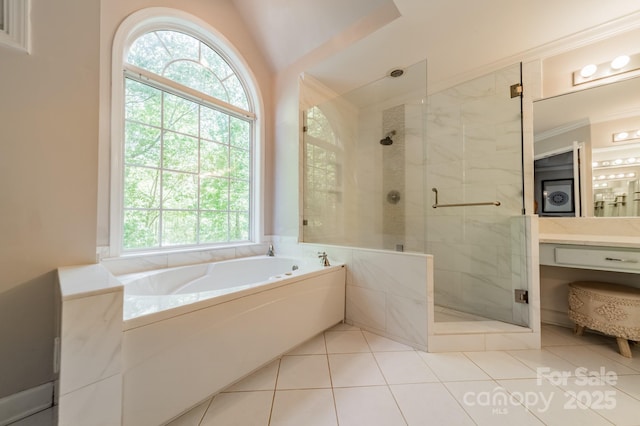 108 Tall Oak Dr, Mooresville, NC 28117 - full bathroom with a garden tub, vanity, tile patterned floors, a stall shower, and lofted ceiling