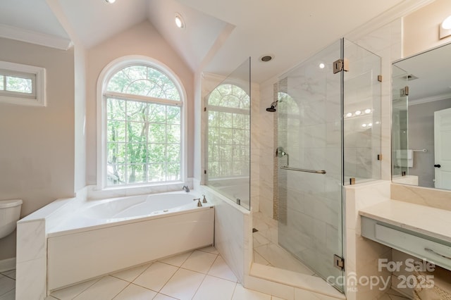 108 Tall Oak Dr, Mooresville, NC 28117 - bathroom with a bath, a wealth of natural light, a stall shower, and lofted ceiling