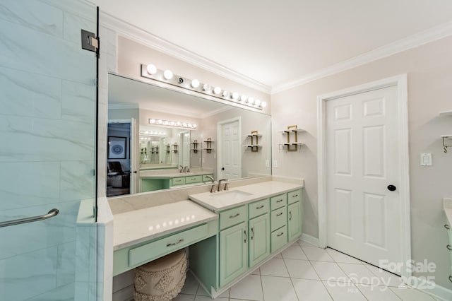 108 Tall Oak Dr, Mooresville, NC 28117 - bathroom with crown molding, connected bathroom, a shower stall, vanity, and tile patterned flooring