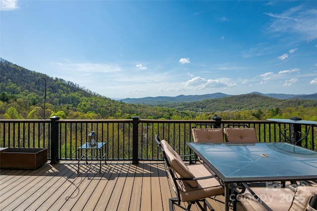 116 Dalya Rd, Swannanoa, NC 28778 - wooden terrace with a view of trees, a mountain view, and outdoor dining area