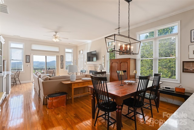 116 Dalya Rd, Swannanoa, NC 28778 - dining room with ornamental molding, ceiling fan, plenty of natural light, and light wood-style flooring