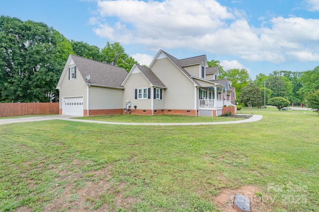 view of front of home featuring crawl space, concrete driveway, a porch, and roof with shingles