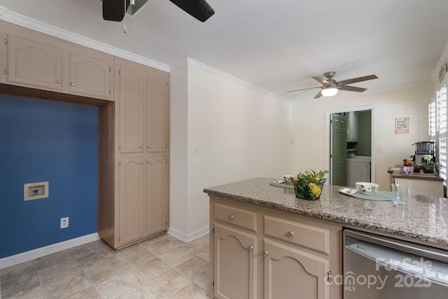 kitchen featuring a ceiling fan, dishwasher, baseboards, cream cabinets, and ornamental molding