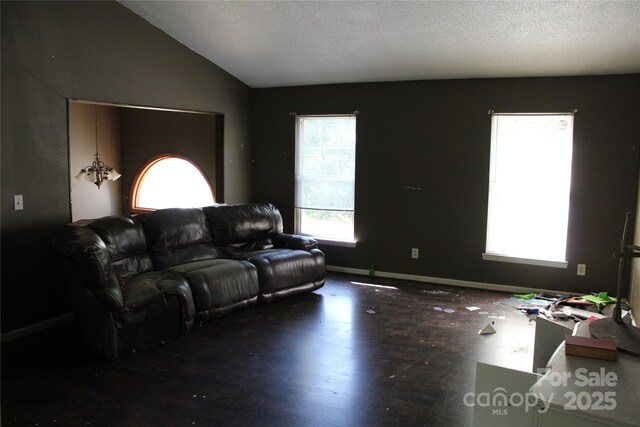 5164 Ralph Winchester Rd, Lenoir, NC 28645 - living area featuring baseboards, wood finished floors, vaulted ceiling, and a textured ceiling