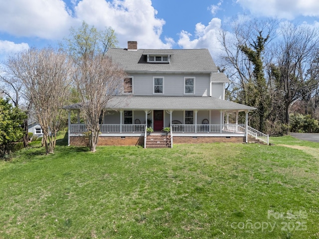 farmhouse-style home with a porch, roof with shingles, a chimney, and a front yard