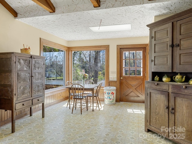 dining room with a textured ceiling, wainscoting, and plenty of natural light