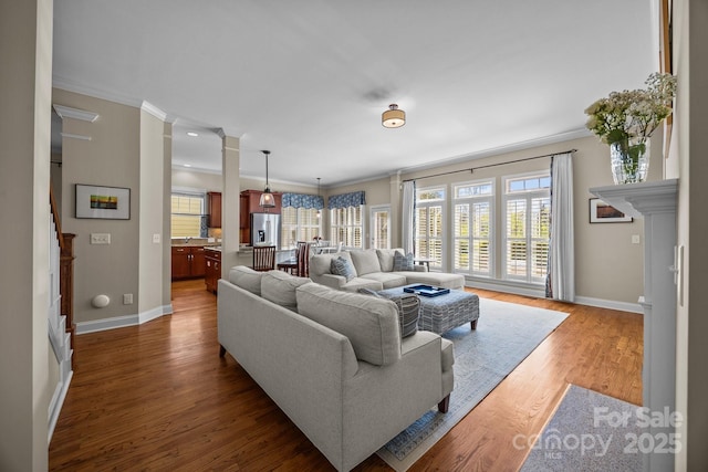 living room with decorative columns, crown molding, and wood finished floors