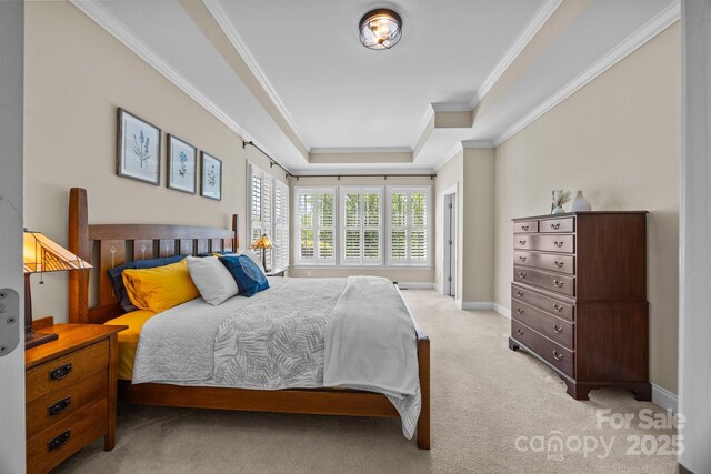 bedroom with ornamental molding, a tray ceiling, baseboards, and light carpet