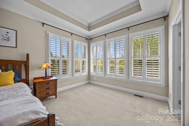 bedroom featuring ornamental molding, a raised ceiling, carpet floors, and multiple windows