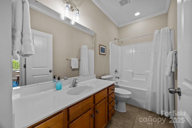 bathroom featuring vanity, ornamental molding, tile patterned floors, toilet, and visible vents