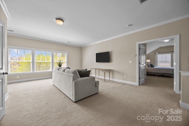 carpeted living room with crown molding, baseboards, and plenty of natural light